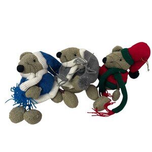 3 Christmas Mouse Plush Ornaments With Scarves Hats In Red Blue & Gray Holiday D